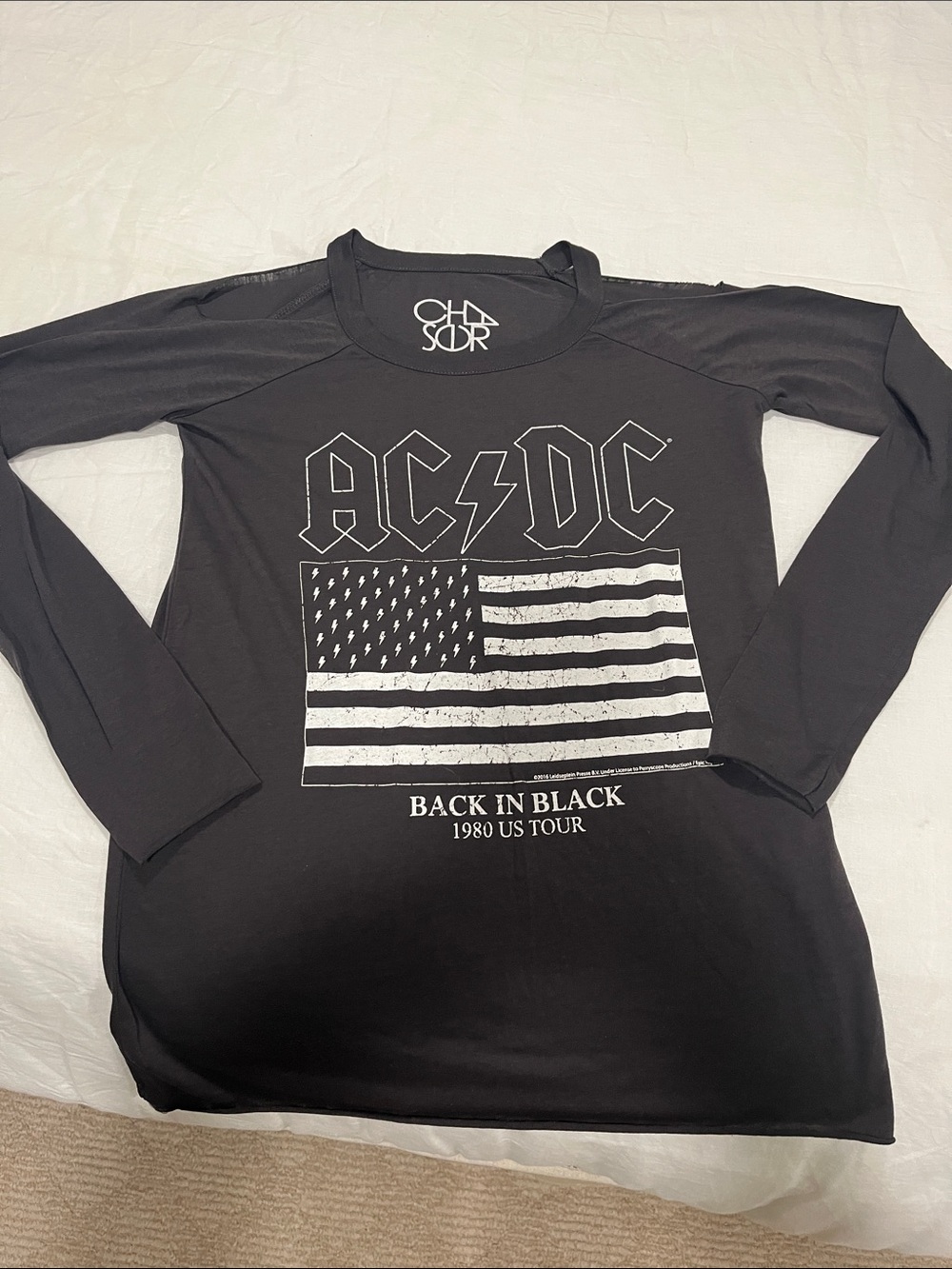AC/DC Black Long-Sleeve 'Back in Black' Tour Graphic Tee. Cold shoulder.
